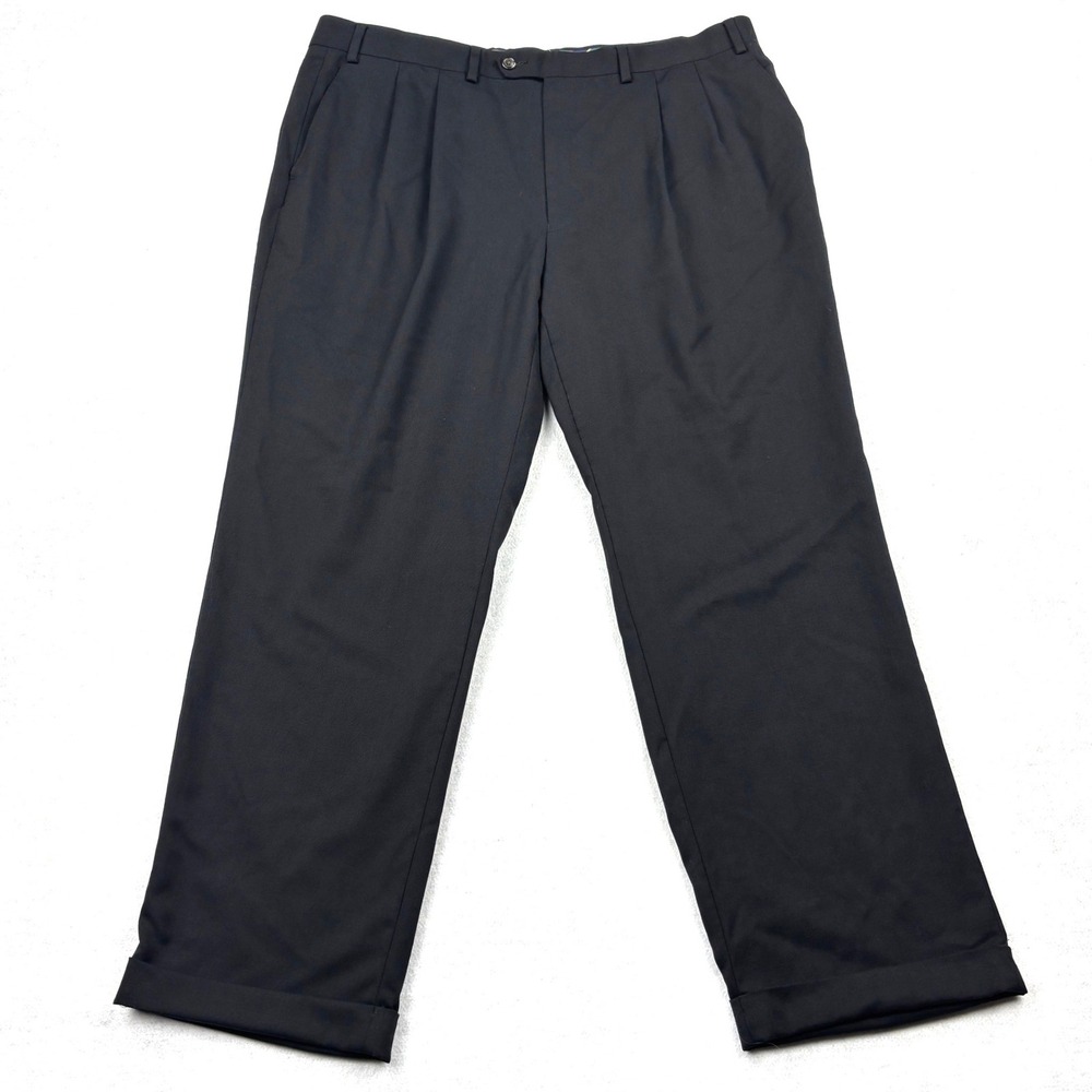 Chaps Pants Mens 40x30 Black 100% Wool Double Pleated Cuffed Dress Trousers